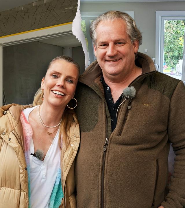 Stefanie und Hain (v. l. n. r.), die Immo-Helden Kandidaten stehen lächelnd Arm in Arm. Im Hintergrund erkennt man die links die Wohnung während der Renovierung und rechts das fertige Endergebnis.
