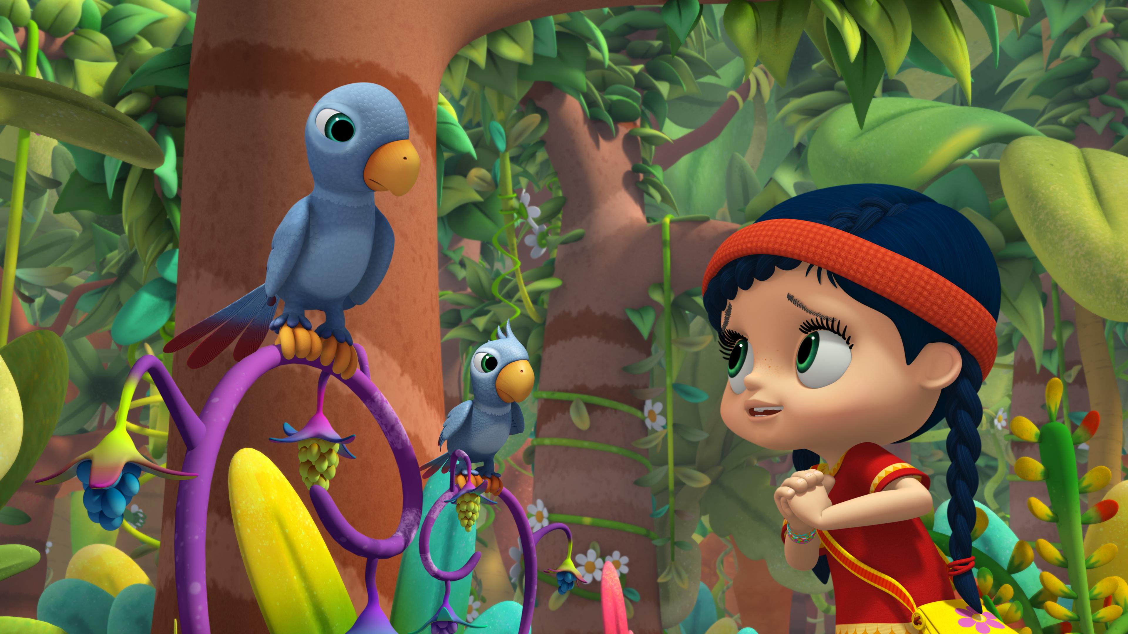 Wissper im Dschungel.Sie steht rechts, links ihr gegenüber sitzen zwei blaue Papageien auf Ästen