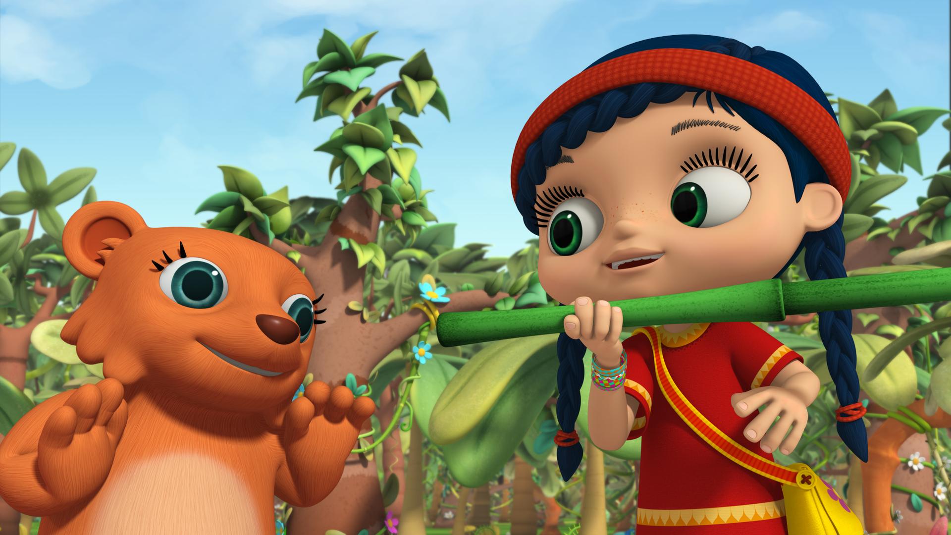 Bärchen Honey freut sich. Wissper reicht Honey einen Bambusast, mit dem Honey Honig schlürfen kann.