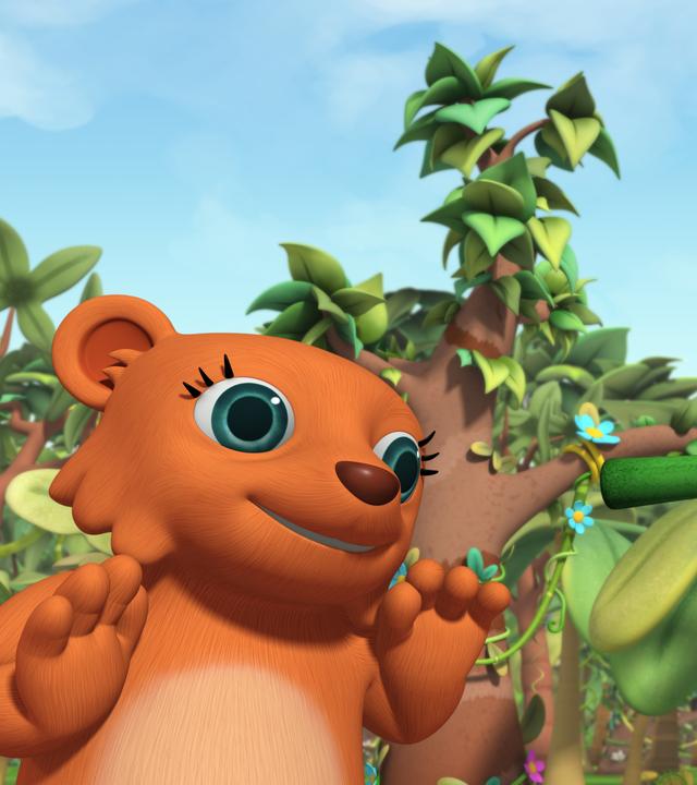 Bärchen Honey freut sich. Wissper reicht Honey einen Bambusast, mit dem Honey Honig schlürfen kann.