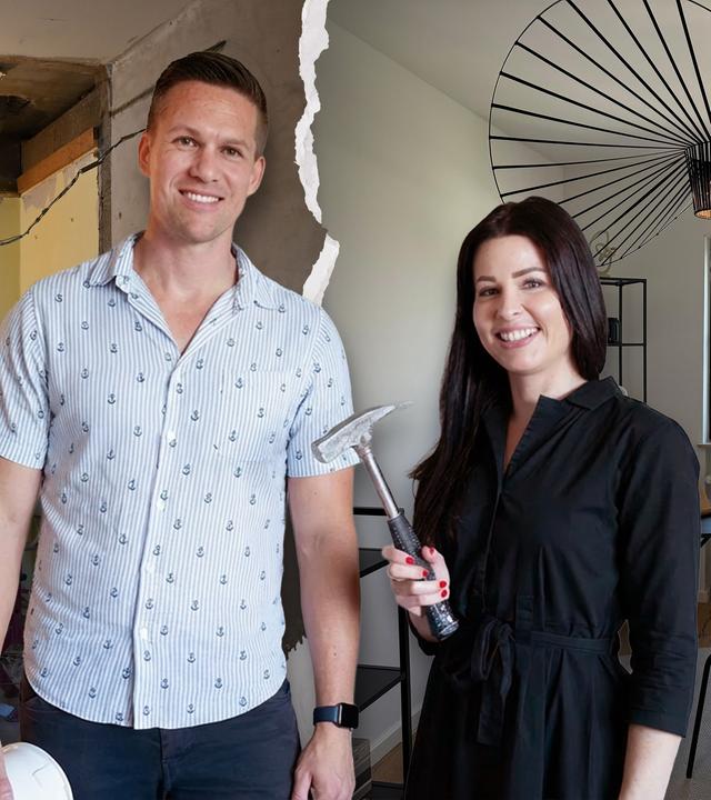 Stefan unnd Verena (v. l. n. r.), die Immo-Held-Kandidaten, lächeln in die Kamera. Verena hält einen Hammer in der Hand. Im Hintergrund erkennt man die links die Wohnung während der Renovierung und rechts das fertige Endergebnis.