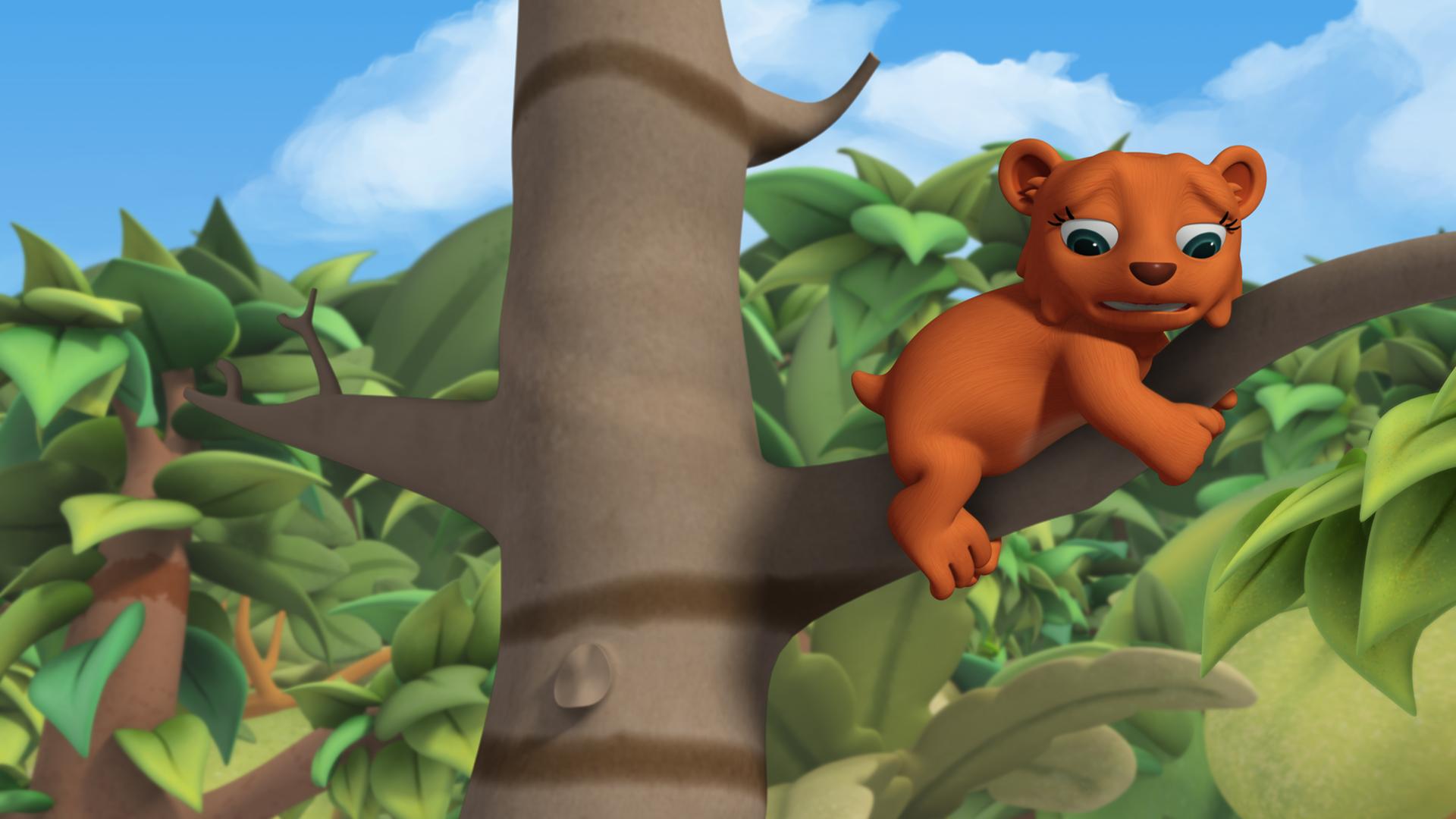 Oben in einer Baumkrone: Das kleine Bärchen Honey krallt sich mit den Pfoten an einem Ast fest. Honey schaut ängstlich und verzweifelt.