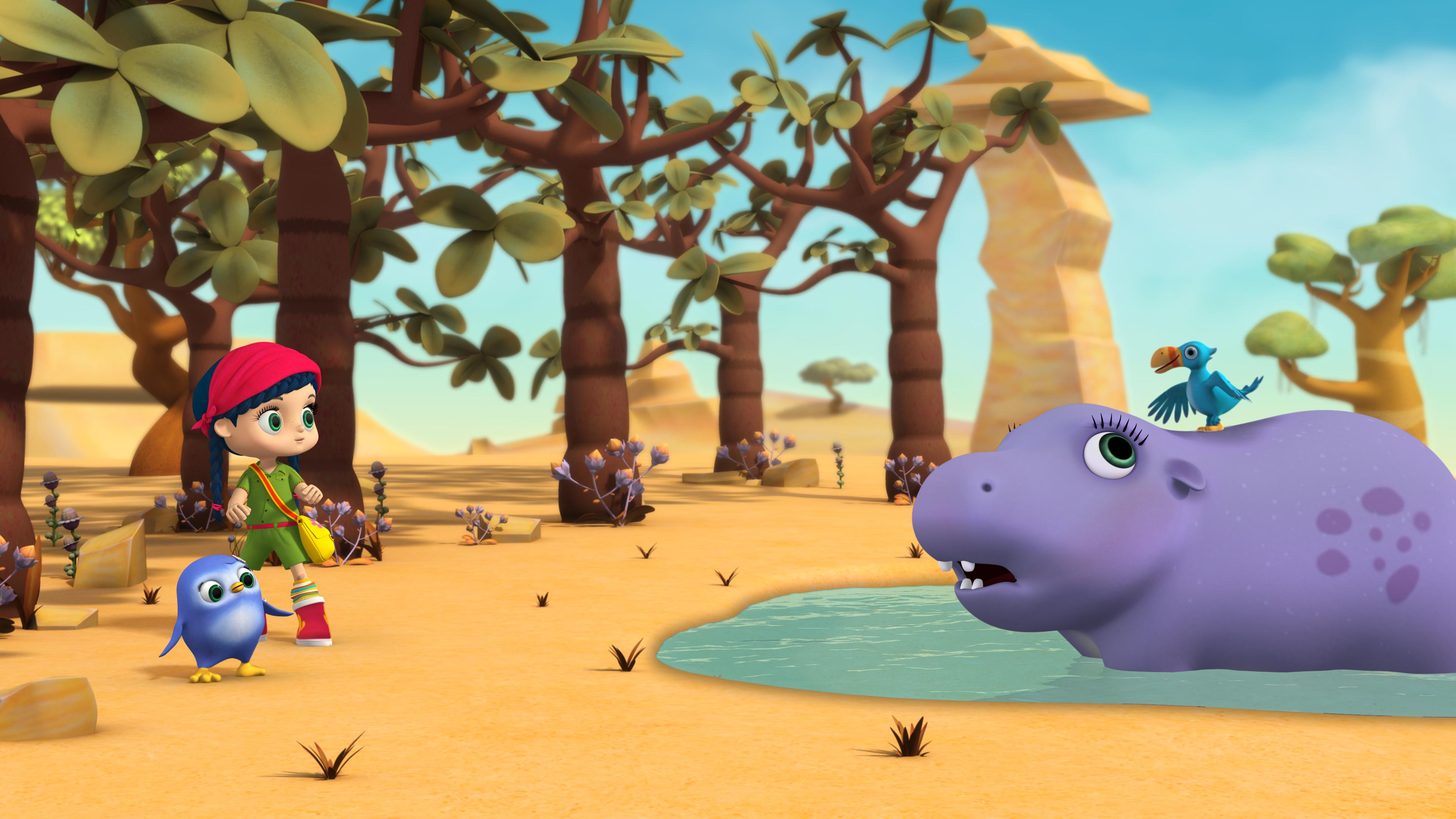 Wissper (halblinks) und Pinguinmädchen Peggy (links) staunen und schauen in Richtung von Flusspferd Hatty (halbrechts). Hatty steht im See. Auf dem Rücken steht Otis. Hatty schaut leicht erschrocken nach oben zu Otis. 