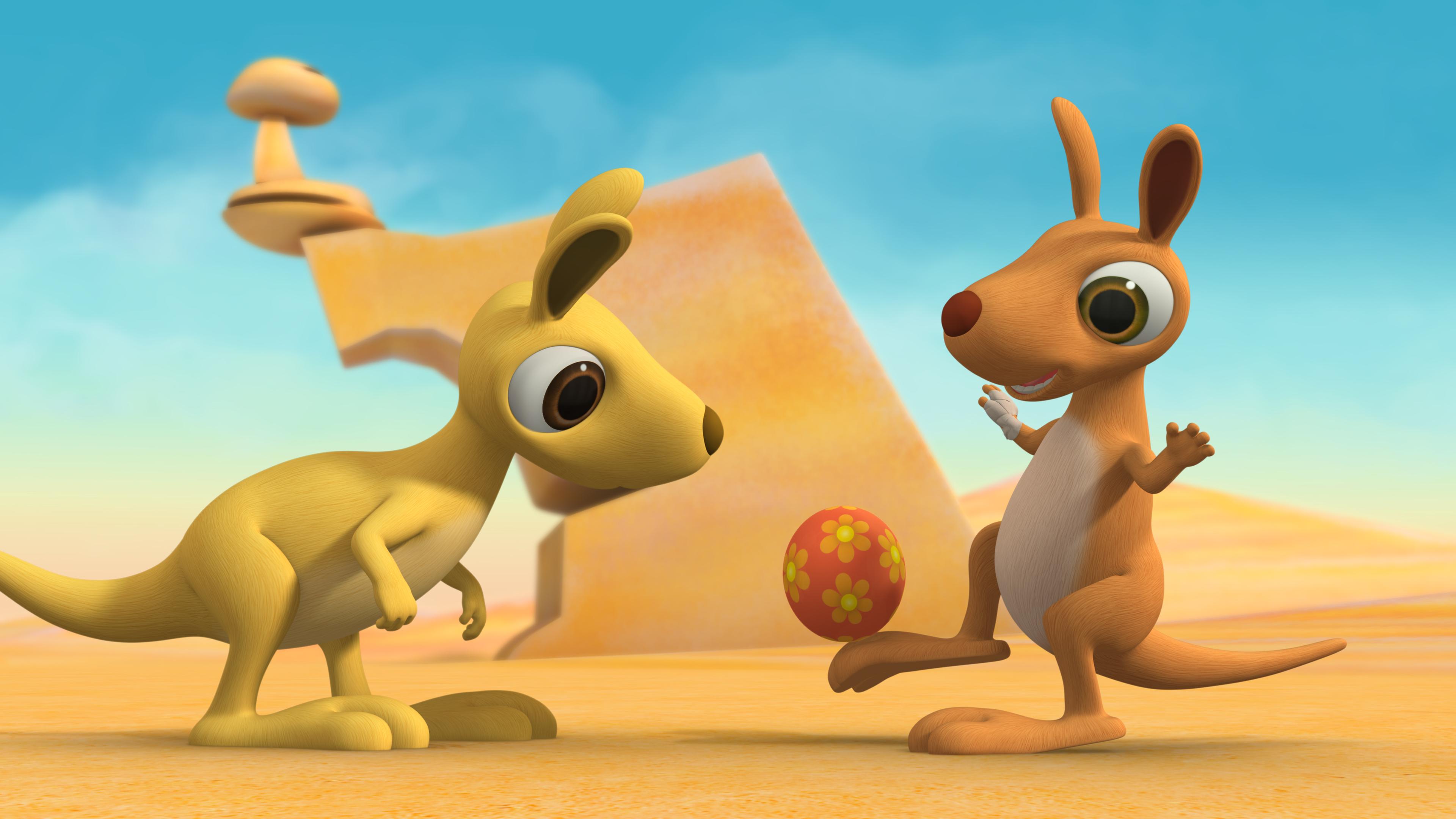 Die Känguru-Geschwister Karli (links) und Klara (rechts) vertragen sich wieder. Klara spielt mit einem roten Ball.