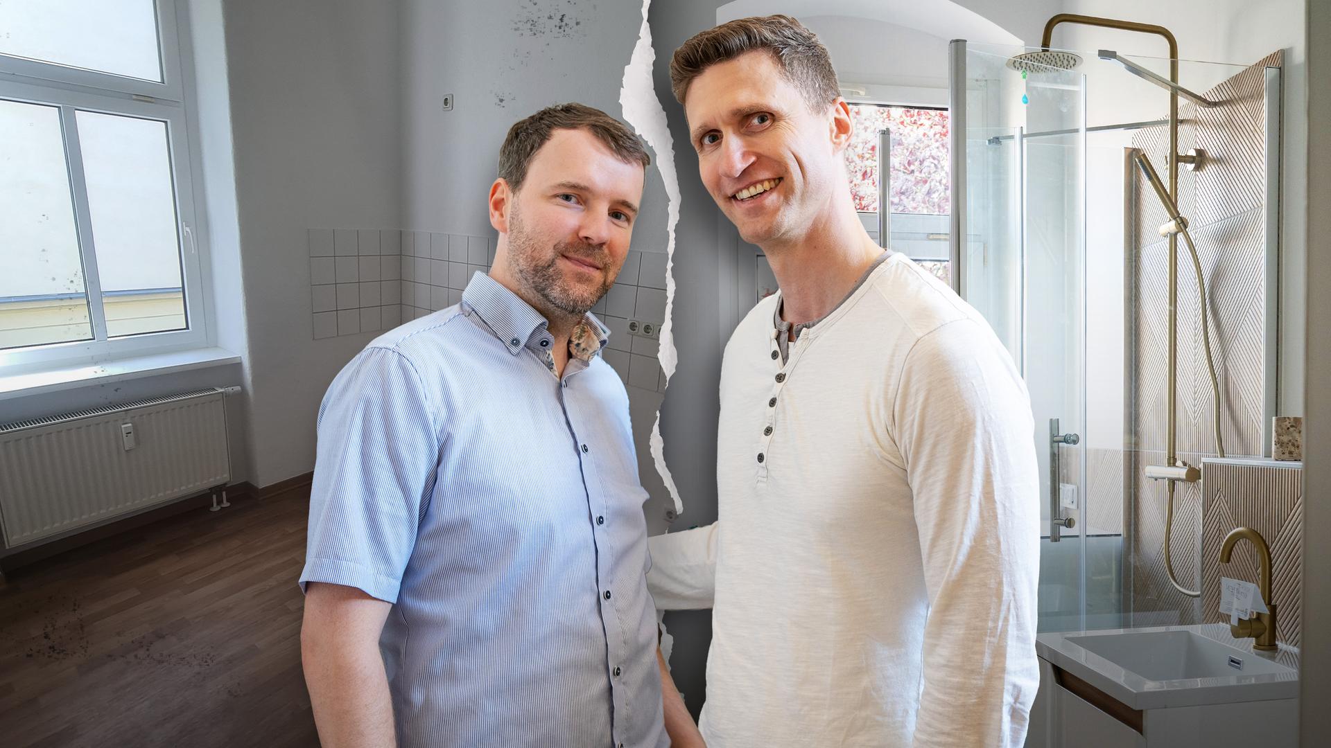 Die Immo-Held-Kandidaten Tony und Carsten (v. l. n. r.) lächeln in die Kamera. Im Hintergrund erkennt man die links die Wohnung während der Renovierung und rechts das fertige Endergebnis.