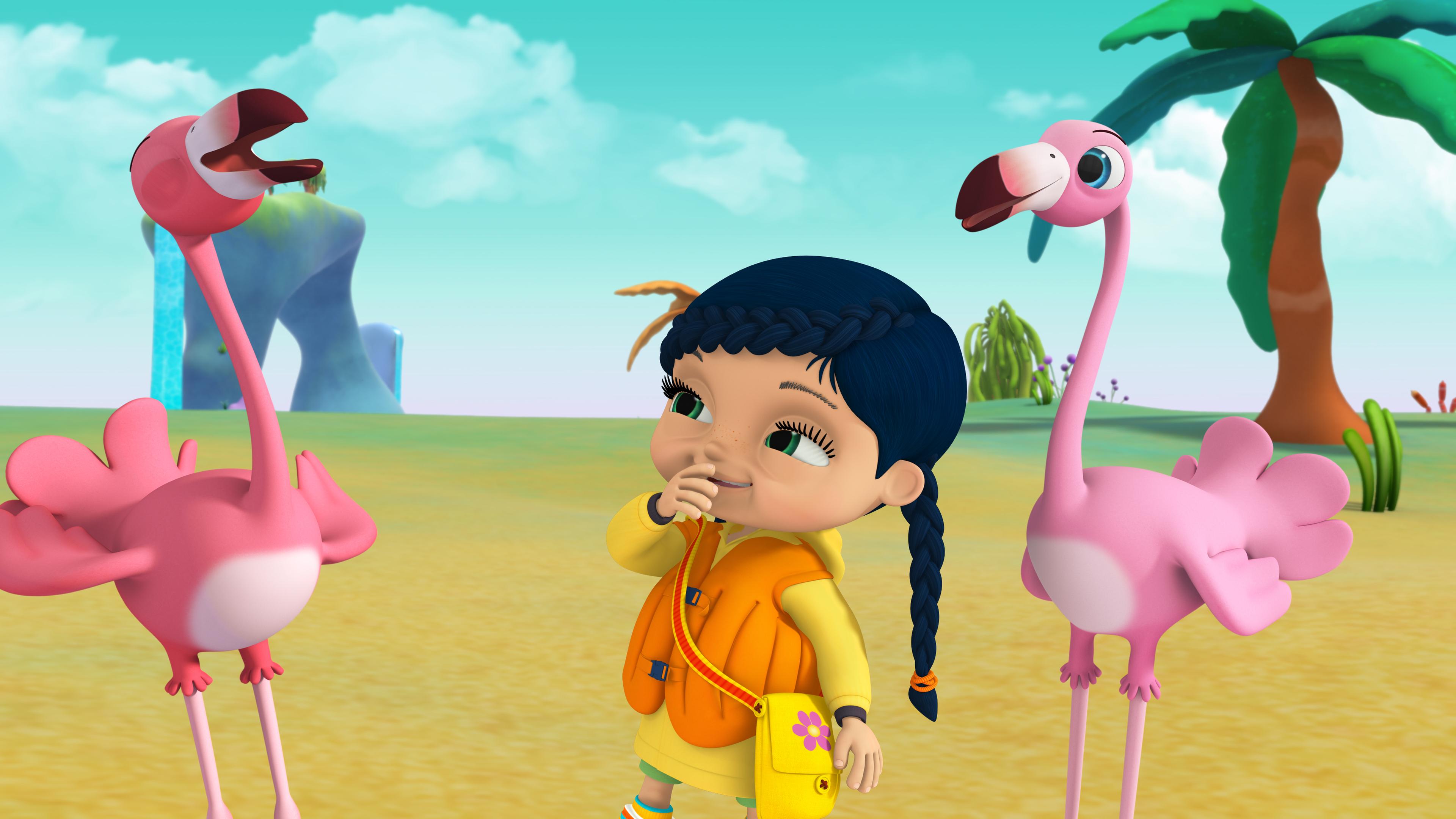 Wissper (Bildmitte) kichert und hält sich die rechte Hand an den Mund. Recht und links von ihr steht je ein Flamingo. Der Flamingo rechts lacht.