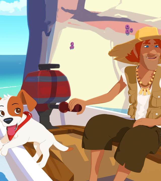 Jack fährt mit seinem Hund in einem Motorboot zur Höhle des Perlenschatzes.
