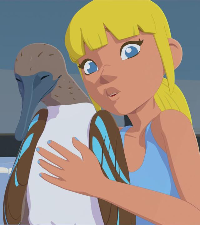 Clarissa hält einen großen, seltenen und verletzten Vogel im Arm.