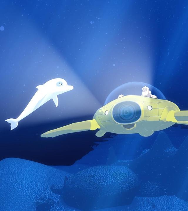 Zoom schwimmt in der Tiefsee neben Patrick, der in einem U-Boot sitzt.
