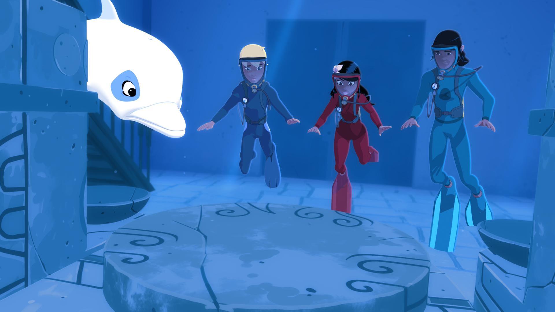 Yann taucht mit Zoom und seinen Freunden in Taucheranzügen bis auf den Meeresgrund. Dort finden sie eine versunkene Stadt.