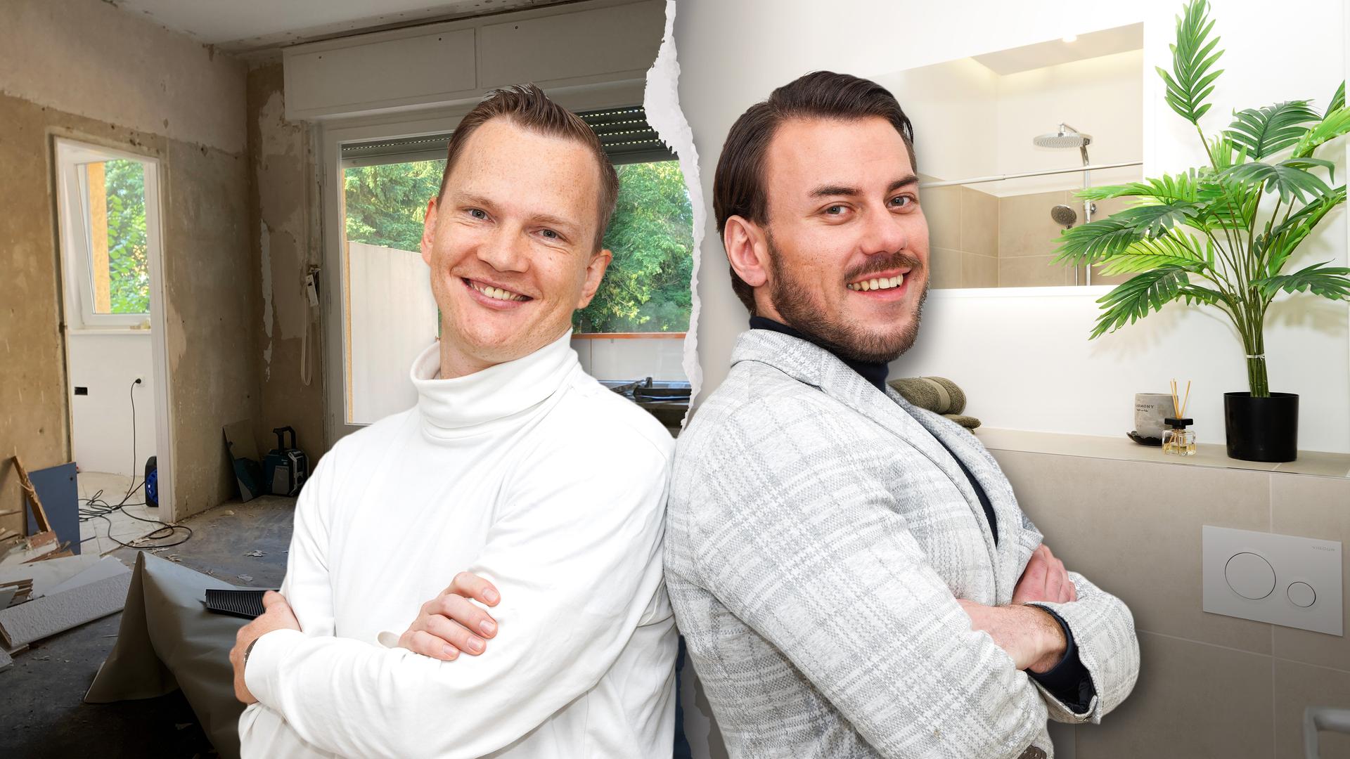 Stefan und Daniel (v. l. n. r.) lächeln Rücken an Rücken in die Kamera. Beide haben ihre Arme verschränkt. Im Hintergrund erkennt man die links die Wohnung während der Renovierung und rechts das fertige Endergebnis.