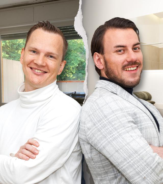 Stefan und Daniel (v. l. n. r.) lächeln Rücken an Rücken in die Kamera. Beide haben ihre Arme verschränkt. Im Hintergrund erkennt man die links die Wohnung während der Renovierung und rechts das fertige Endergebnis.