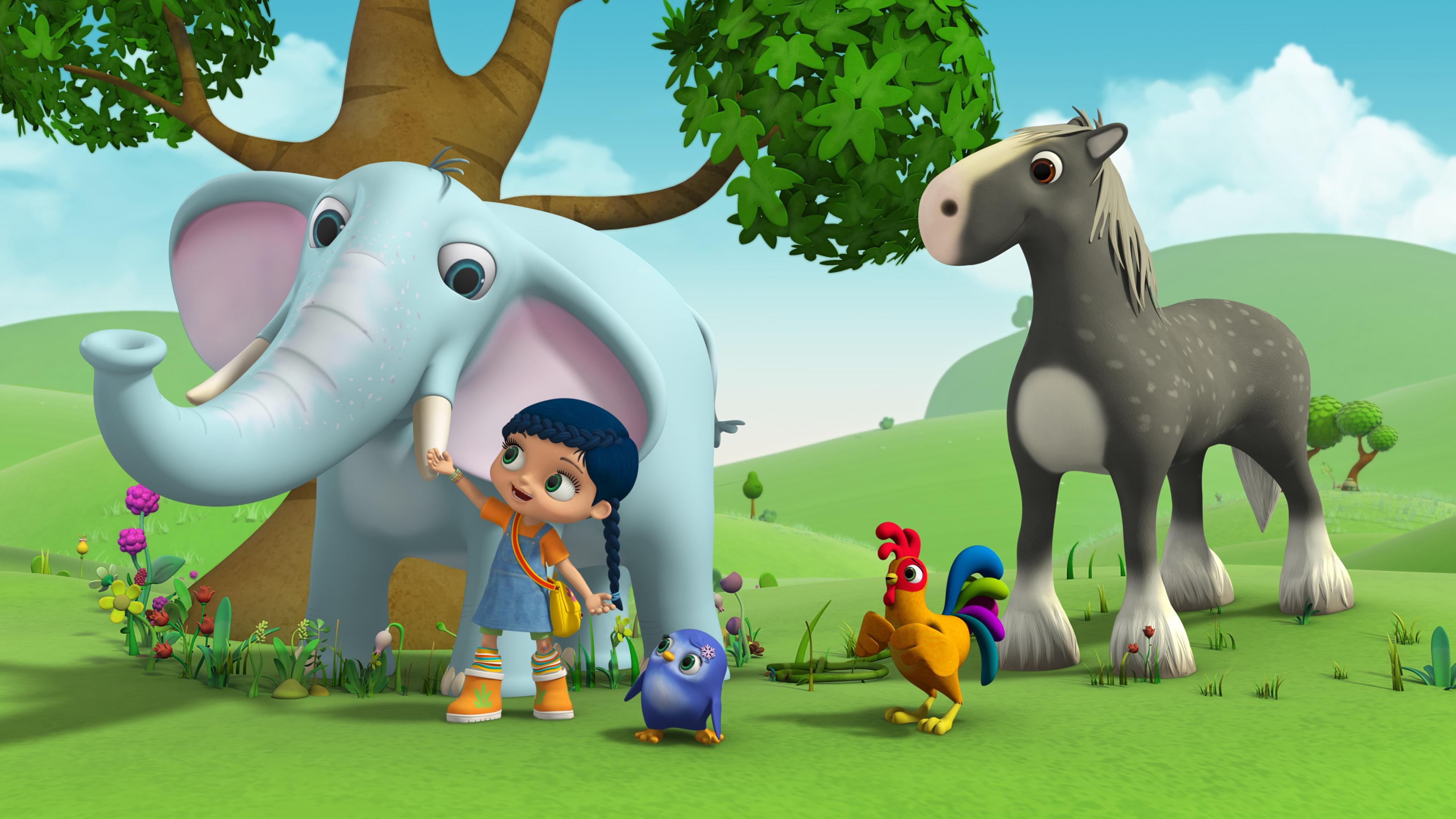 Wissper (Bildmitte) steht mit Hahn Hansi (halbrechts) und Pferd Herbert (rechts) vor einem Baum auf einer Wiese. Links von Wissper steht Elefant Ellington und mittig vorne Pinguin Peggy. 