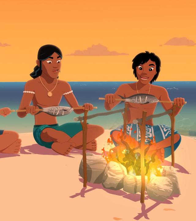 Yann, Auru und Inapo sitzen am Strand im Schneidersitz vor einem Lagerfeuer. Jeder hat einen Stab mit einem gegrillten Fisch in den Händen und schaut hungrig darauf hinunter. Im Hintergrund leuchten das blaue Meer und ein rötlicher Abendhimmel.
