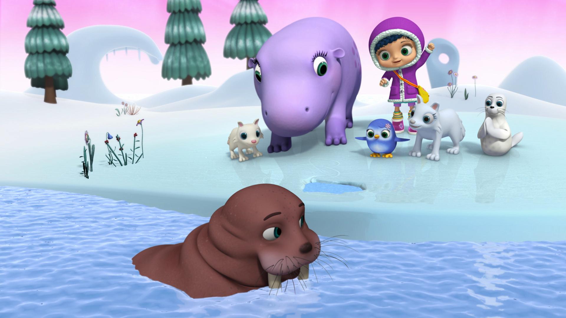 In einer kalten Eislandschaft stehen Polarfuchs-Mädchen Phöbe, Flusspferd Hatty, Pinguin-Mädchen Peggy, Wissper, Polarfüchsin Fern und Robbe Sam. Sie jubeln, weil Wallrossdame Wilma wieder frei ist.