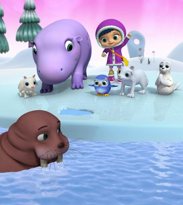 In einer kalten Eislandschaft stehen Polarfuchs-Mädchen Phöbe, Flusspferd Hatty, Pinguin-Mädchen Peggy, Wissper, Polarfüchsin Fern und Robbe Sam. Sie jubeln, weil Wallrossdame Wilma wieder frei ist.