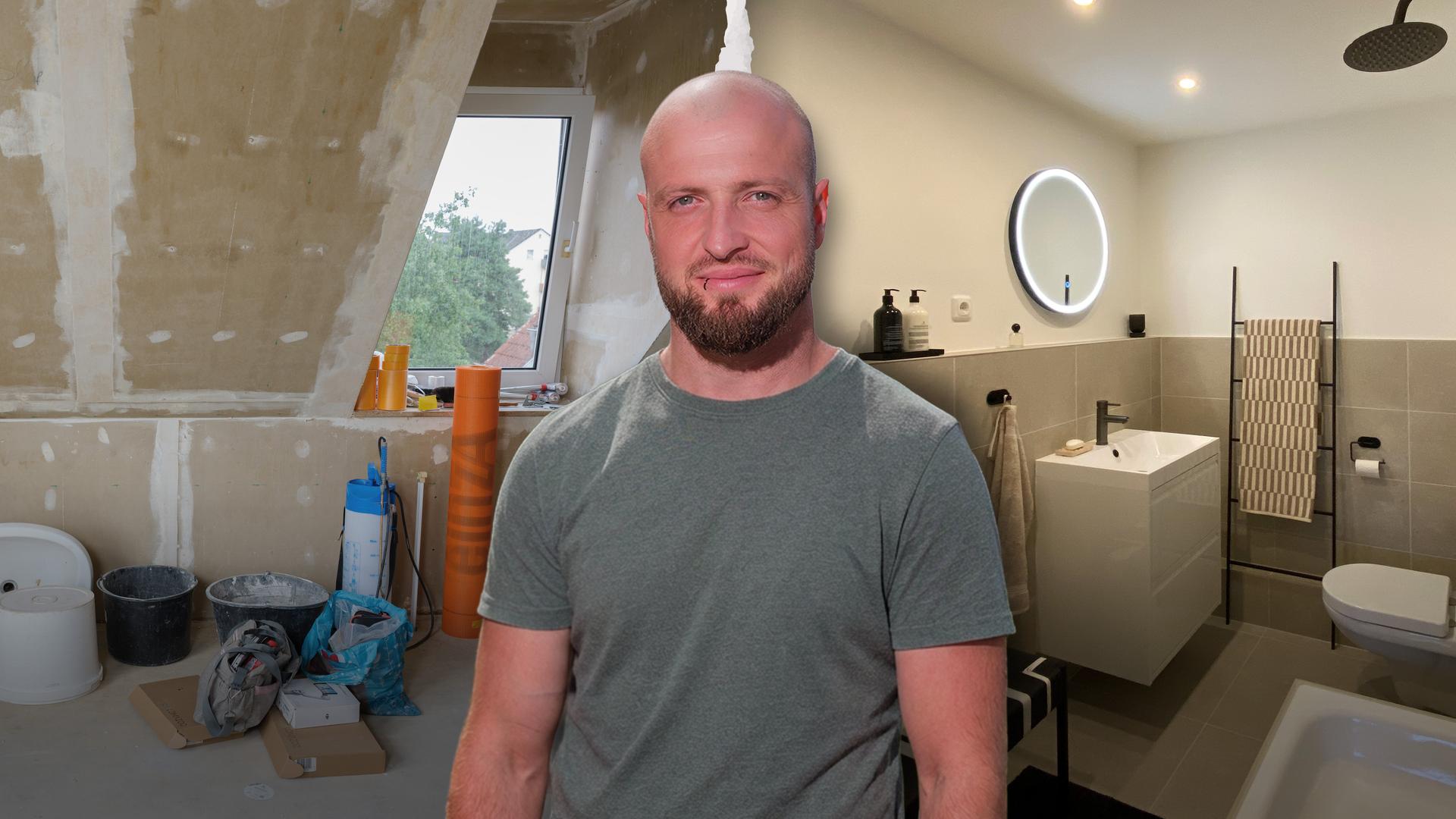 Der Immo-Helden Kandidat Tom lächelt in die Kamera.  Im Hintergrund erkennt man die links die Wohnung während der Renovierung und rechts das fertige Endergebnis.