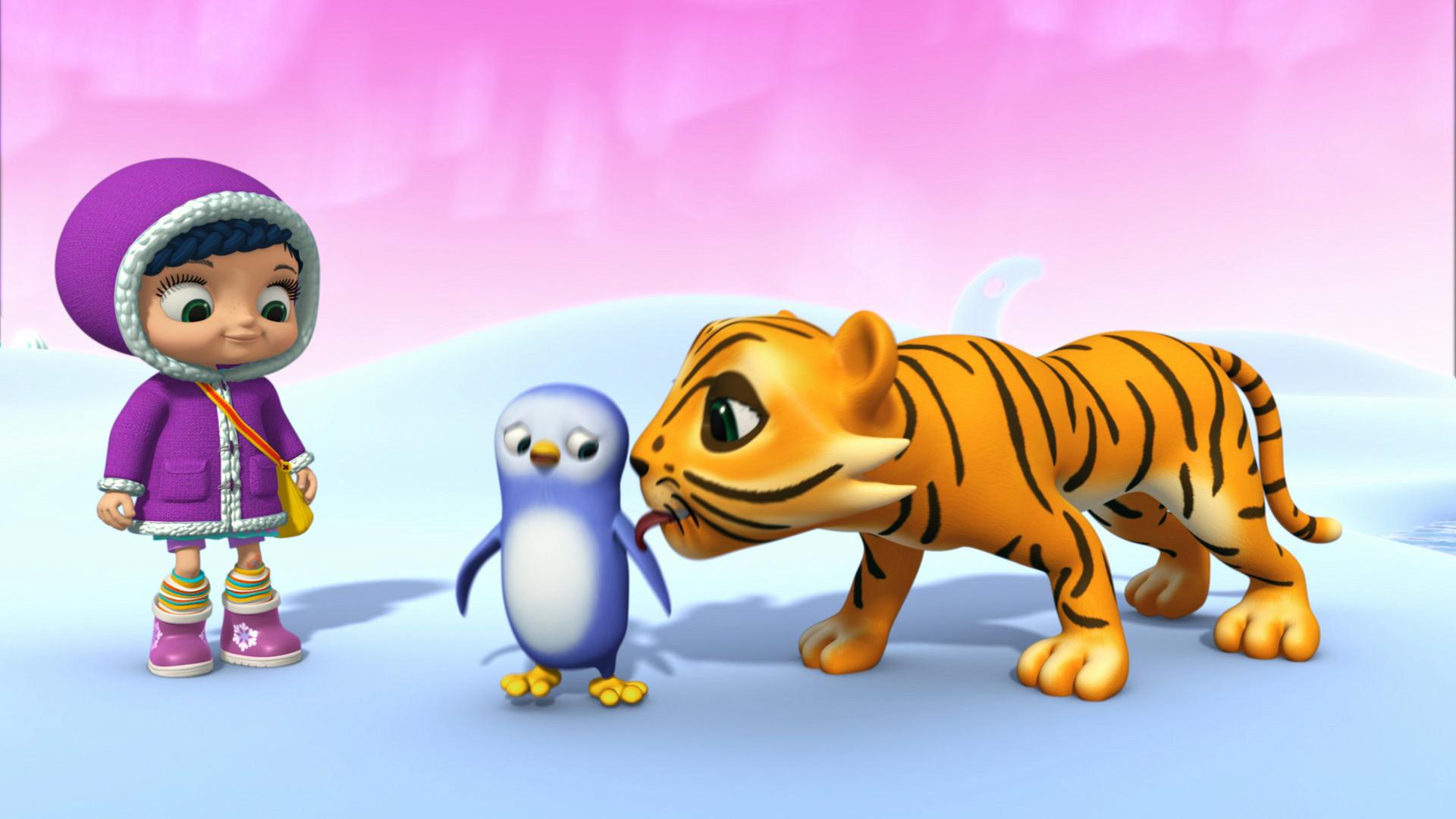 Von links nach rechts stehen in einer Eislandschaft Wissper, Pinguin Pablo und Tigerdame Stripes. Stripes leckt Pablos Flügel.