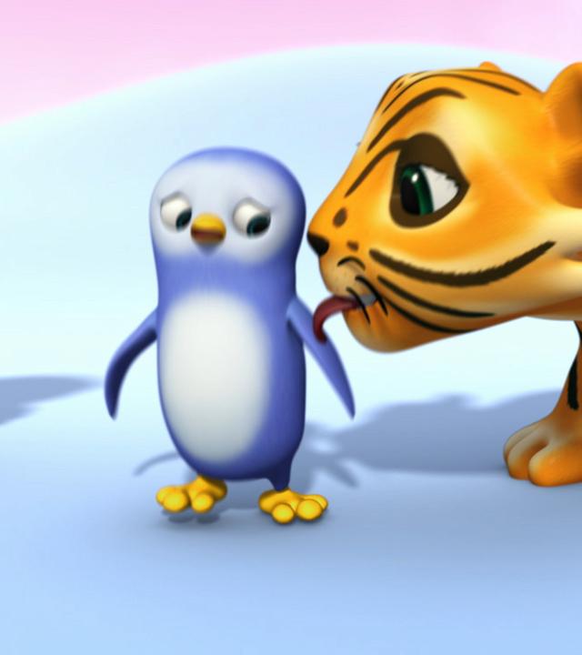 Von links nach rechts stehen in einer Eislandschaft Wissper, Pinguin Pablo und Tigerdame Stripes. Stripes leckt Pablos Flügel.