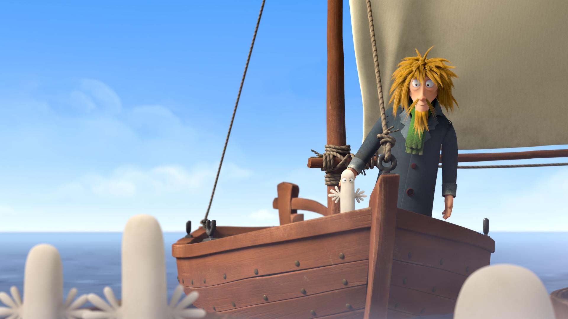 Auf einem Segelboot stehen der Fischer (Mitte rechts) mit einem kleinen länglichen Wesen mit zwei winzigen Ärmchen mit Fingern (Mitte). Vor ihnen in anderen Booten, die im Meer fahren, stehen andere Hatifnatten und schauen ihnen entgegen.