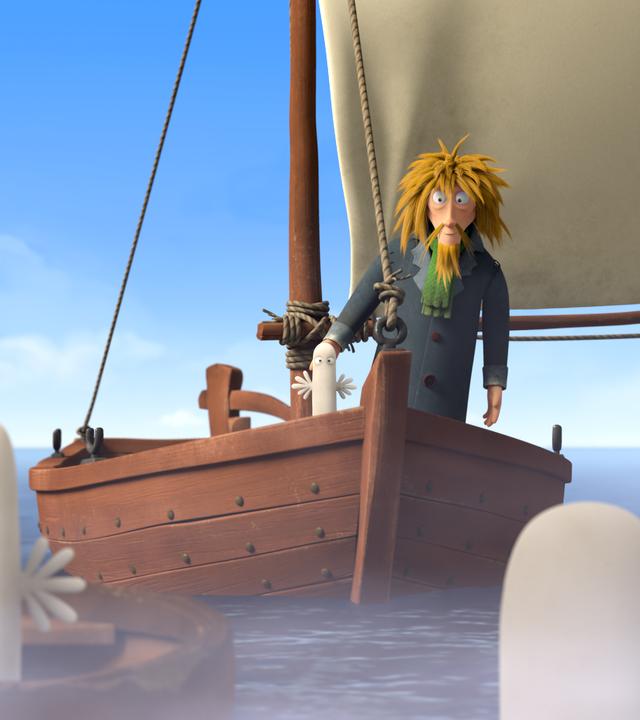 Auf einem Segelboot stehen der Fischer (Mitte rechts) mit einem kleinen länglichen Wesen mit zwei winzigen Ärmchen mit Fingern (Mitte). Vor ihnen in anderen Booten, die im Meer fahren, stehen andere Hatifnatten und schauen ihnen entgegen.