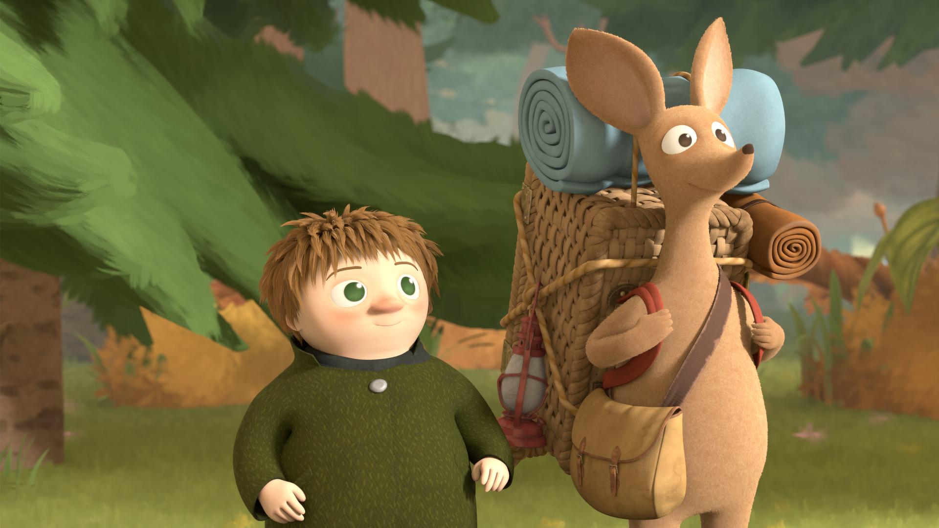 Toffel und Sniff stehen im Wald. Sniff trägt einen Rucksack auf dem Rücken. Beide sehen erwartungsvoll aus. 