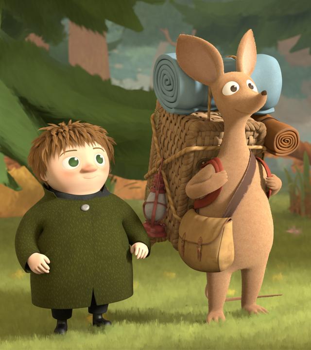 Toffel und Sniff stehen im Wald. Sniff trägt einen Rucksack auf dem Rücken. Beide sehen erwartungsvoll aus. 