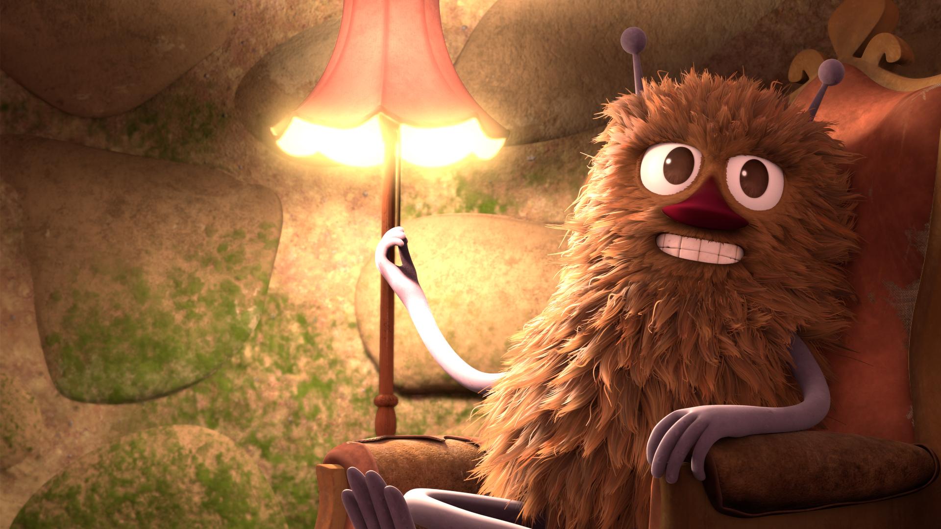 Dieb Stinki sitzt fröhlich auf dem altern Ledersessel, vor ihm ein Stapel leerer Teller. Auf dem obersten Teller ist ein großes Stück Torte. Er zieht gerade an der Schnur, um die Stehlampe auszuschalten, die neben dem Sessel steht.