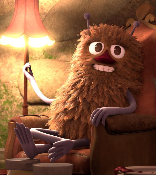 Dieb Stinki sitzt fröhlich auf dem altern Ledersessel, vor ihm ein Stapel leerer Teller. Auf dem obersten Teller ist ein großes Stück Torte. Er zieht gerade an der Schnur, um die Stehlampe auszuschalten, die neben dem Sessel steht.