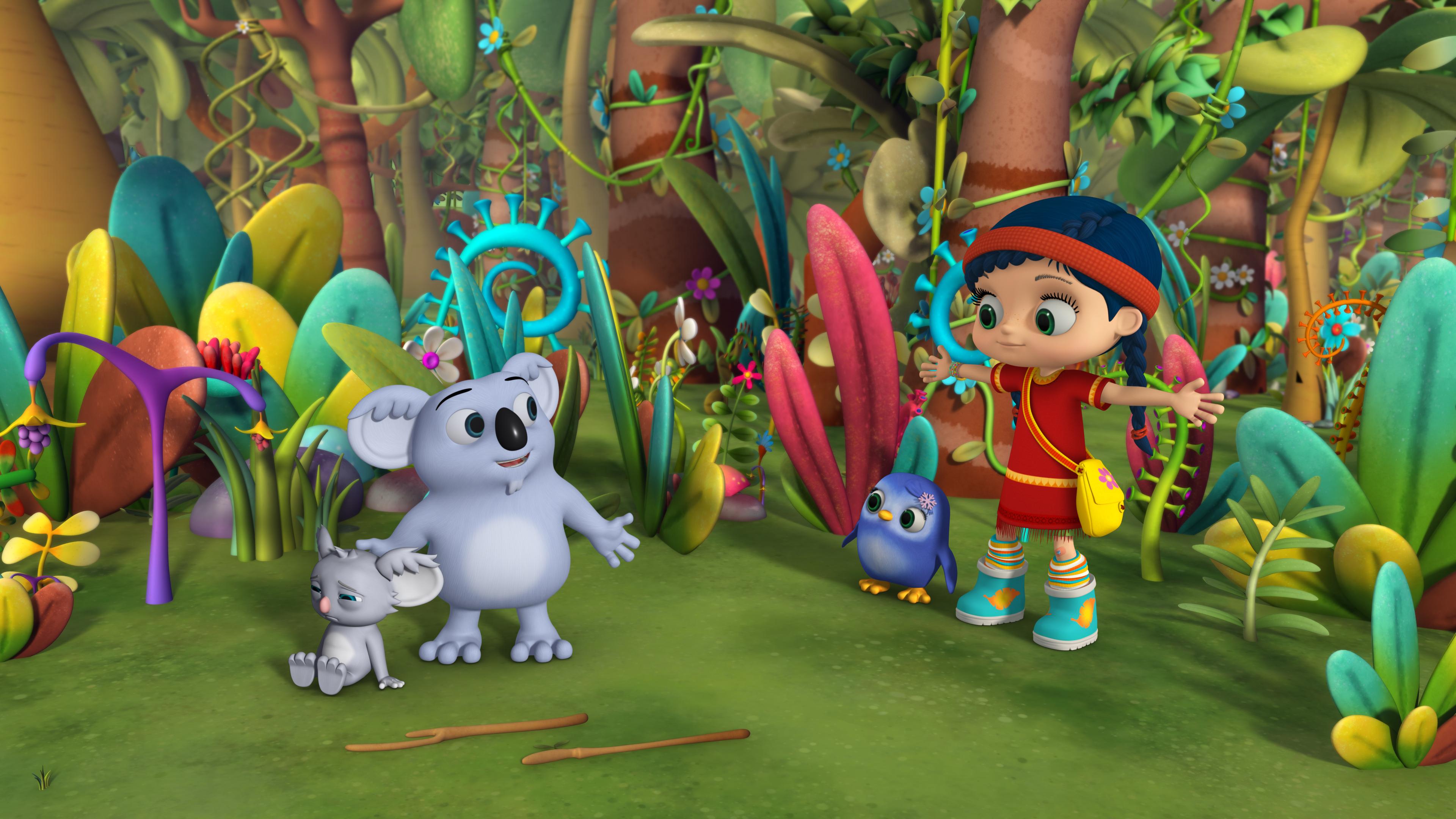 Koala Kaspar (halblinks) hat eine Pfote auf den Kof seiner traurigen Nichte Kylie (links) gelegt. Er erklärt Wissper (rechts) und Pinguin Peggy (halbrechts) sein Problem.