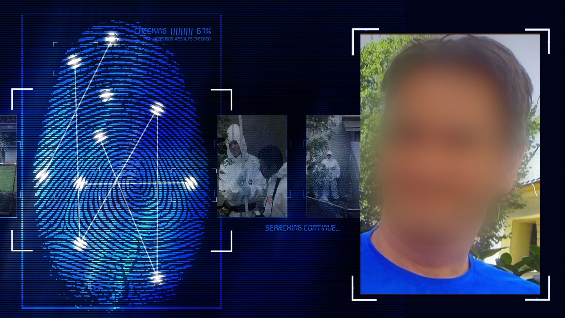 Foto eines Mannes, das Gesicht wurde im Bild technisch verfremdet. Im Hintergrund sind ein Baum und ein Gebäude zu erkennen. Der Mann trägt ein blaues T-Shirt. Er hat kurze braune Haare. Links daneben: Lichtschematische Darstellung eines Fingerabdrucks.