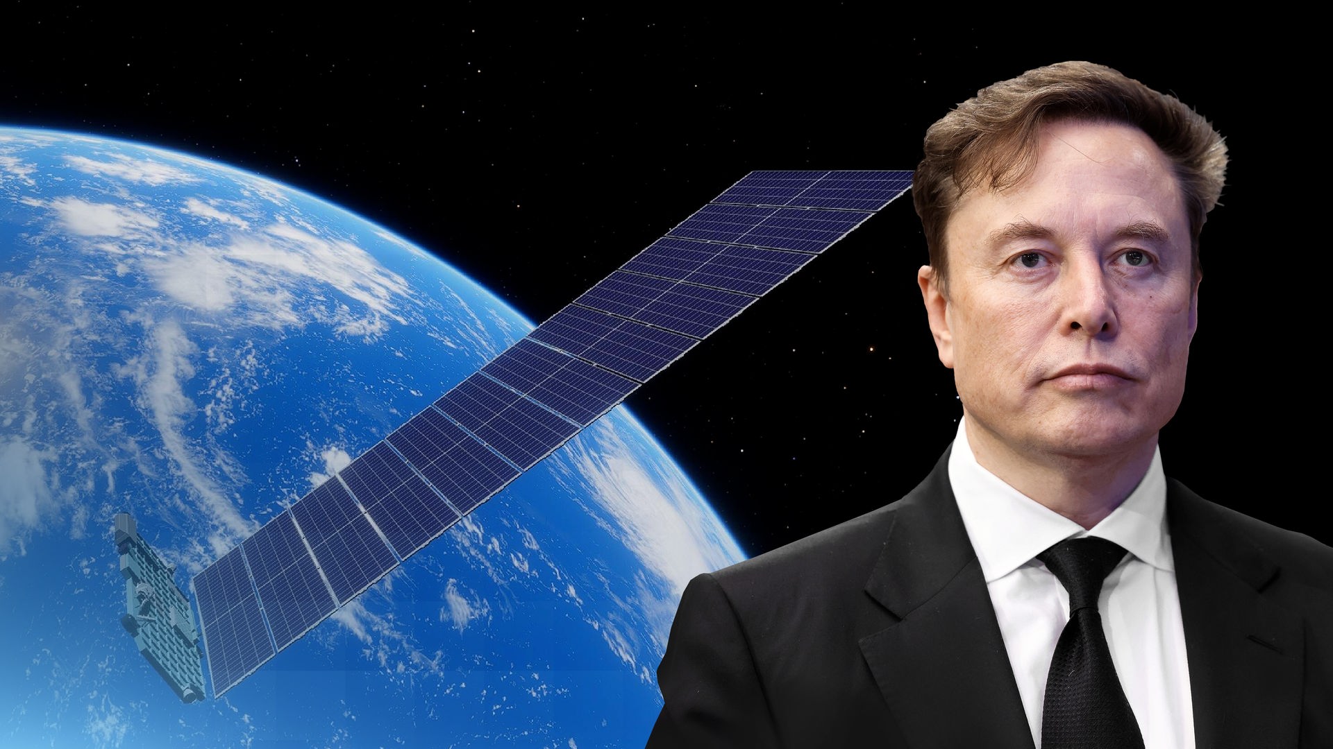Ein Ausschnitt von Elon Musk vor einem Bild eines Starlinksatelliten, der die Welt umkreist. Im Hintergrund die Welt.