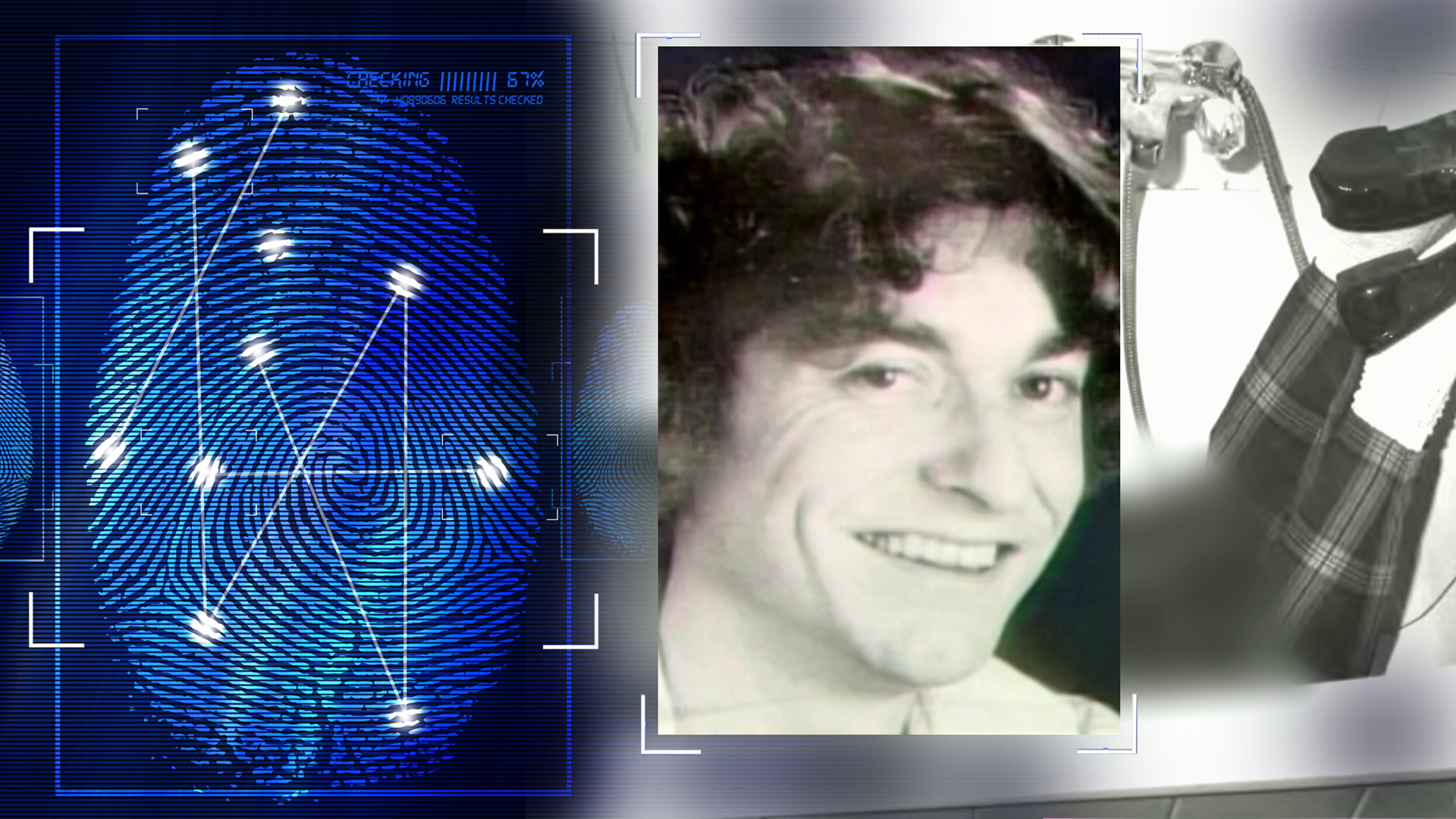 Passfoto von Peter Köhler (Mordopfer). Im Hintergrund eine Leiche, die bäuchlings in einer Badewanne liegt (teilweise technisch verfremdet), Bild aus der Polizeiakte. Links daneben: Lichtschematische Darstellung eines Fingerabdrucks.