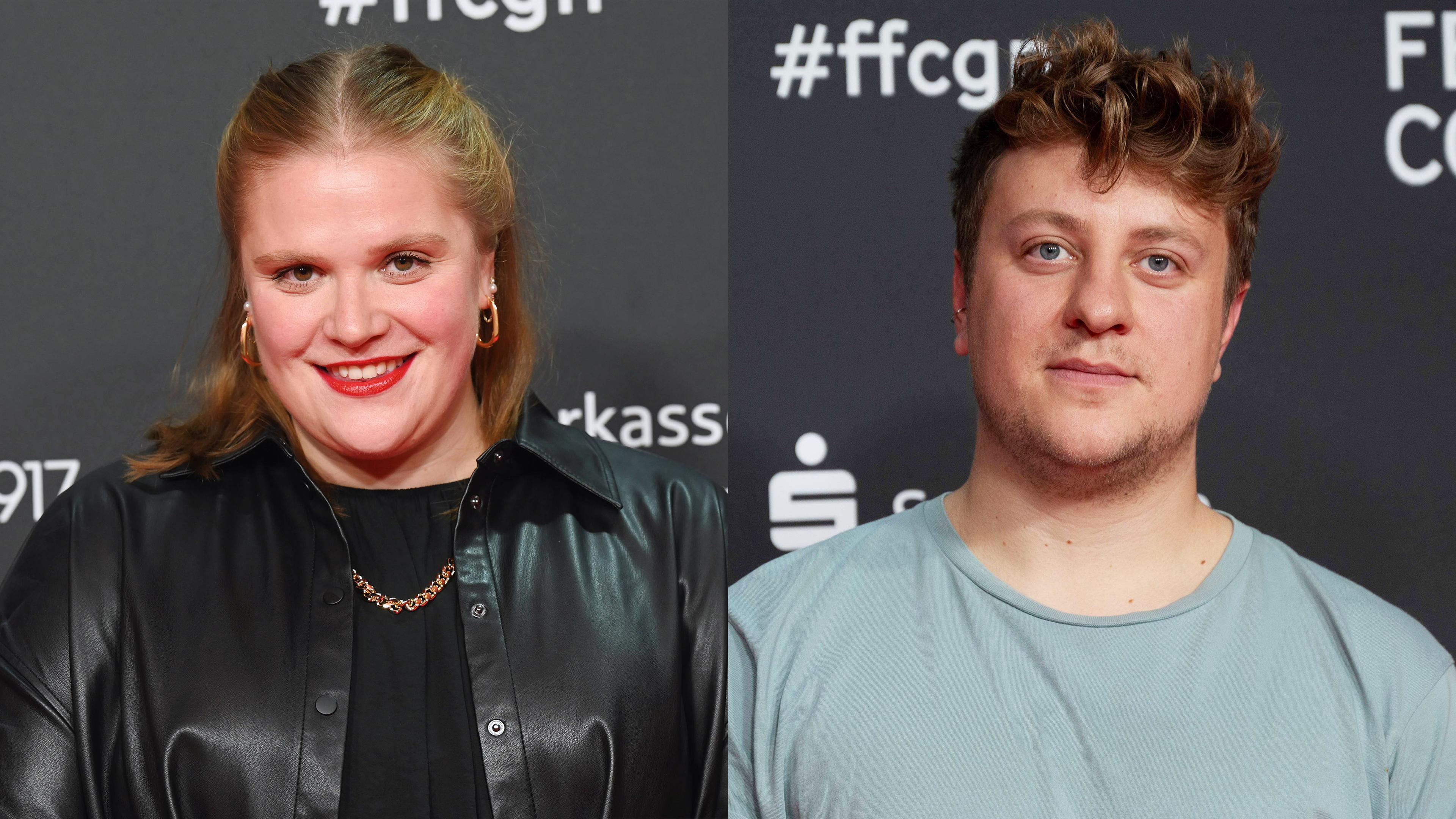 Zwei nebeneinander montierte Porträtfotos: Links eine junge Frau mit nach hinten zurückgekämmten langen blonden Haaren, rechts ein junger Mann mit strubbeligen kurzen Locken.