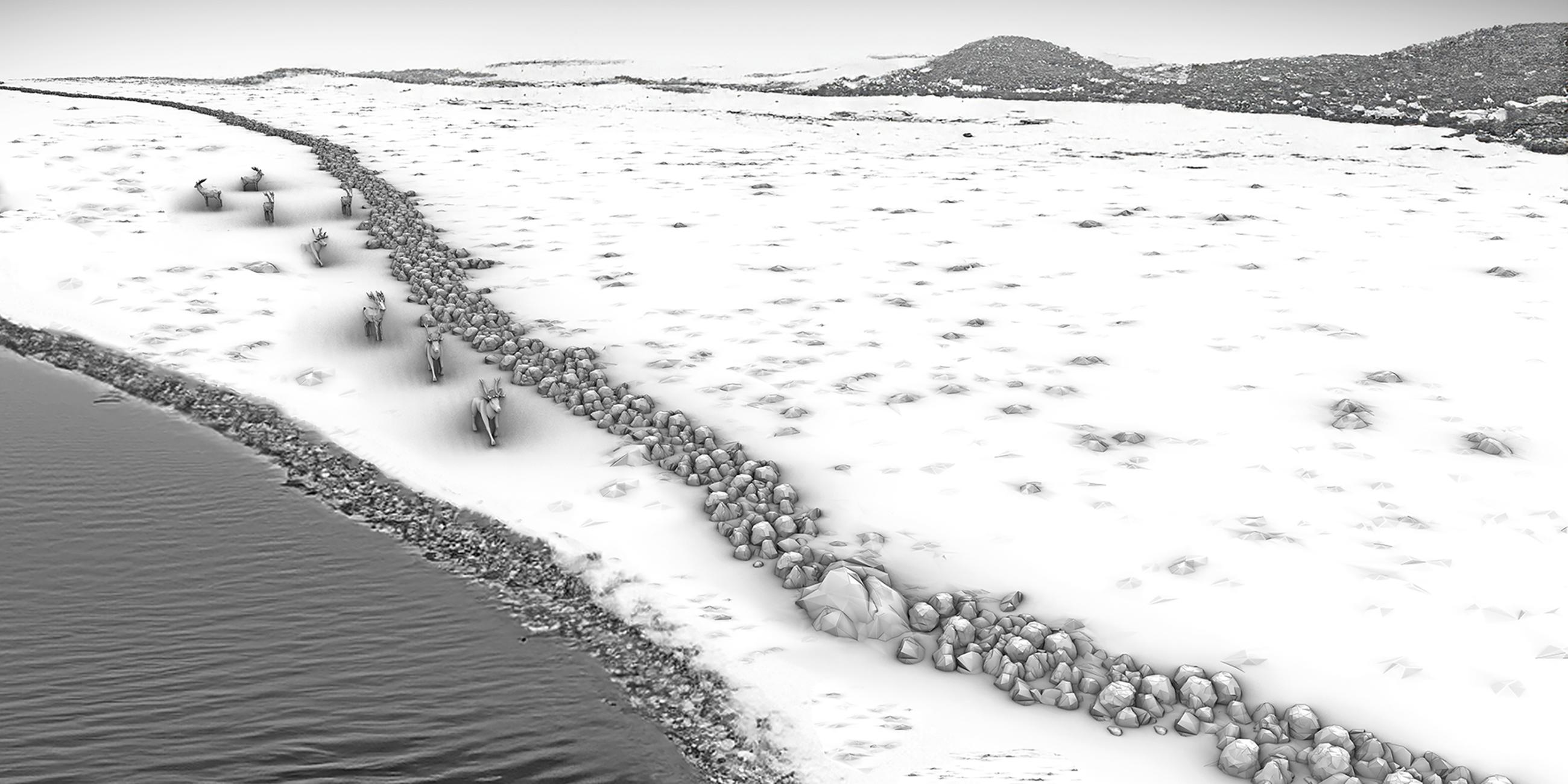 Grafische Rekonstruktion des Steinwalls als Treibjagdstruktur in einer spätglazialen/frühholozänen Landschaft