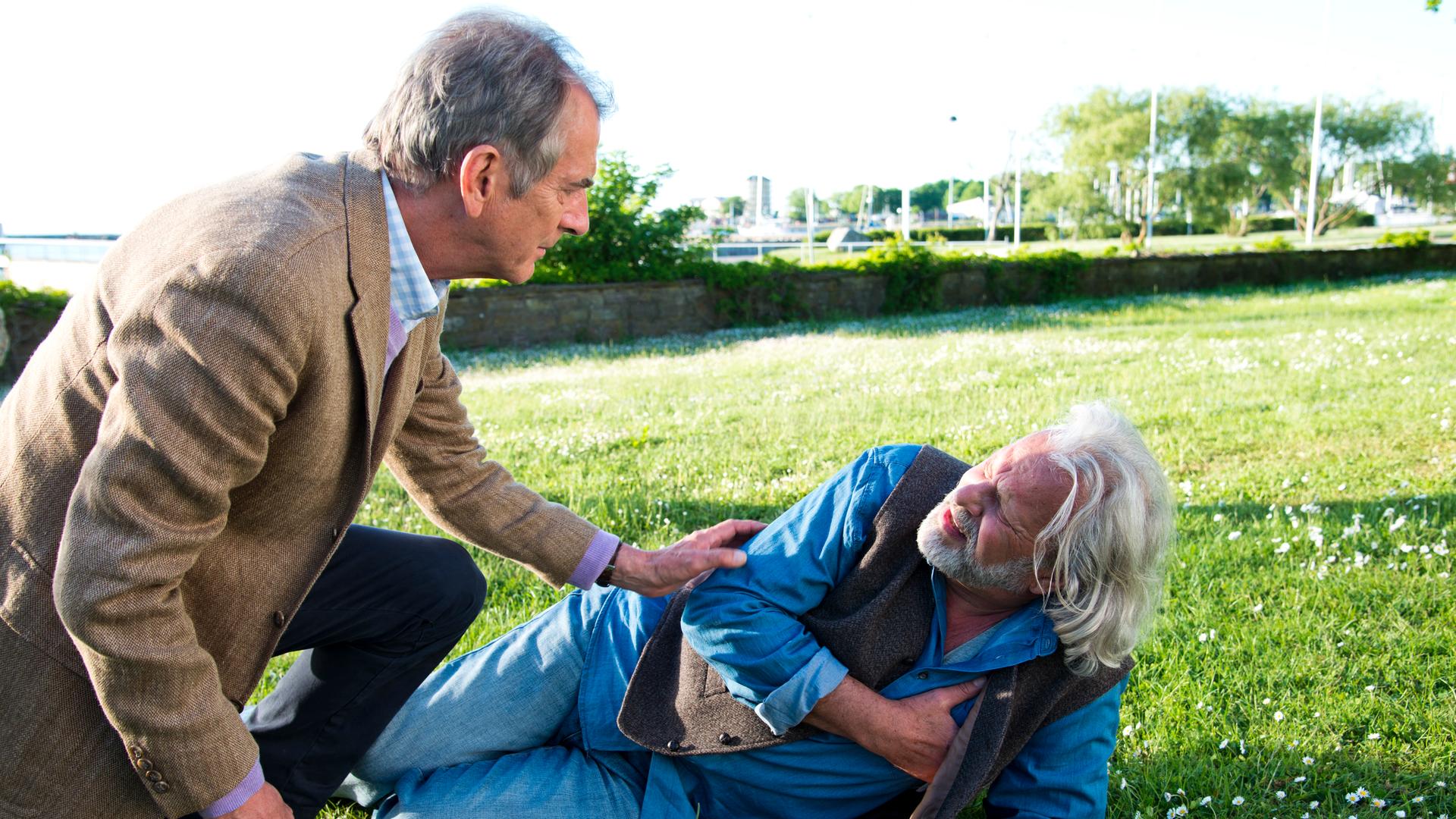 "Inga Lindström: Sterne über Öland": Hanno (Peter Prager) kniet im Garten neben seinem am Boden liegenden Bruder Per (Peter Sattmann). Per presst seine rechte Hand auf die Herzgegend und hat das Gesicht schmerzvoll verzogen.
