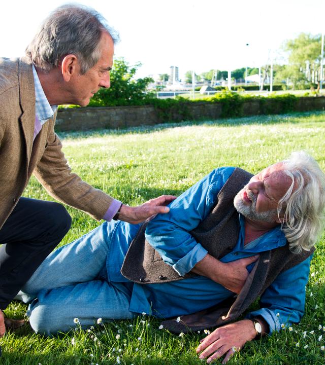 "Inga Lindström: Sterne über Öland": Hanno (Peter Prager) kniet im Garten neben seinem am Boden liegenden Bruder Per (Peter Sattmann). Per presst seine rechte Hand auf die Herzgegend und hat das Gesicht schmerzvoll verzogen.