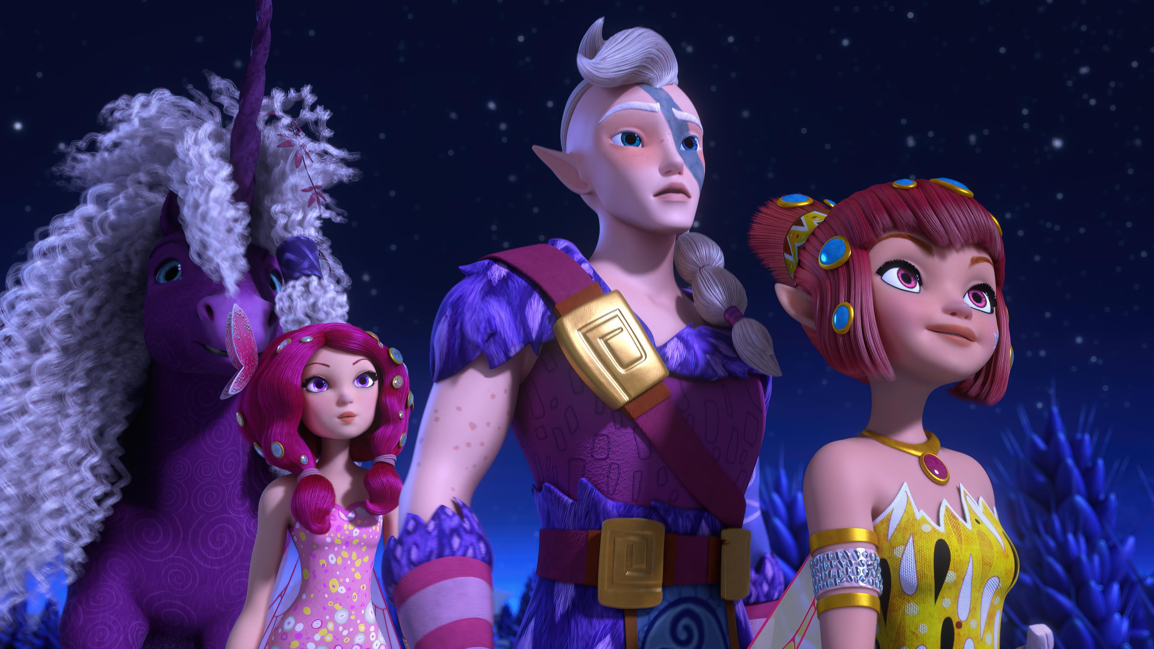 Yuko, Riok, Mia und Duna laufen unter einem nächtlichen Sternenhimmel hintereinander her. Sie schauen nach oben und werden von vorne vom Mondschein beleuchtet.