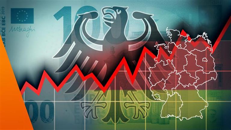 Geldschein mit Bundesadler und Deutschland im Hintergrund, im Vordergrund eine rote gezackte Linie, symbolisch für Neuverschuldung