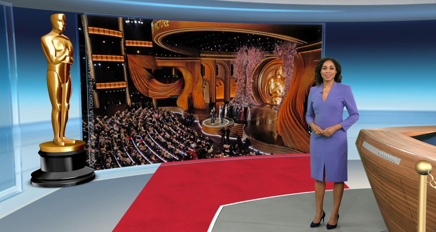 Video starten! ZDF-Moderatorin Jana Pareigis steht im heute-Studio neben einer großen Oscar-Statue und einem Foto des Dolby Theatre in Los Angeles, wo die 96. Oscar-Verleihung stattfindet