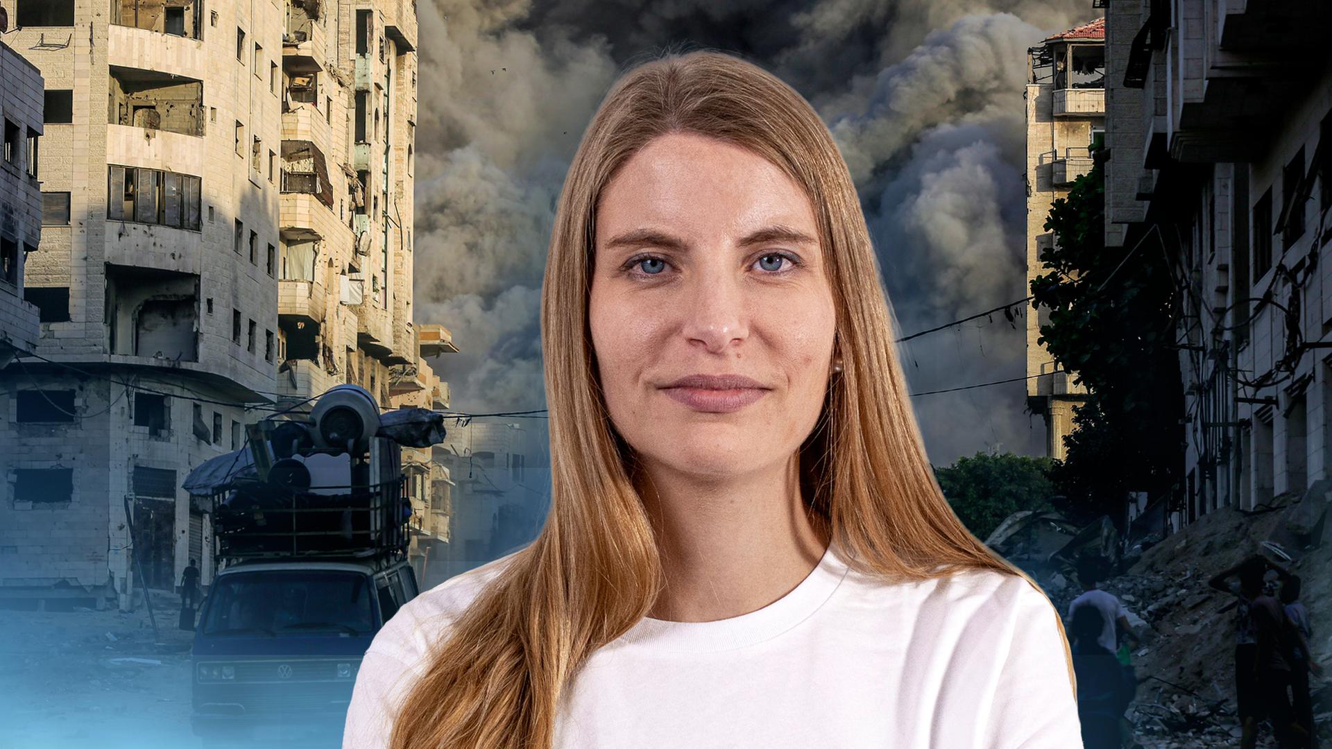 Katja Storck, Notfallpflegerin bei "Ärzte ohne Grenzen". Im Hintergrund ein zerstörtes Haus im Gazastreifen.