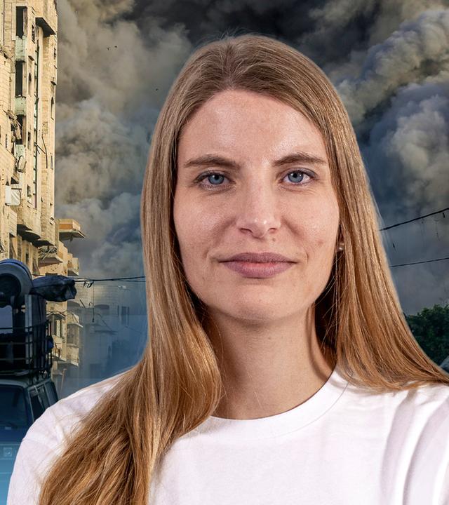 Katja Storck, Notfallpflegerin bei "Ärzte ohne Grenzen". Im Hintergrund ein zerstörtes Haus im Gazastreifen.