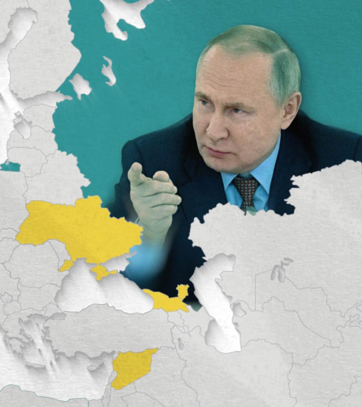 Putin auf Landkarte mit Russland, Ukraine, Georgien und Syrien