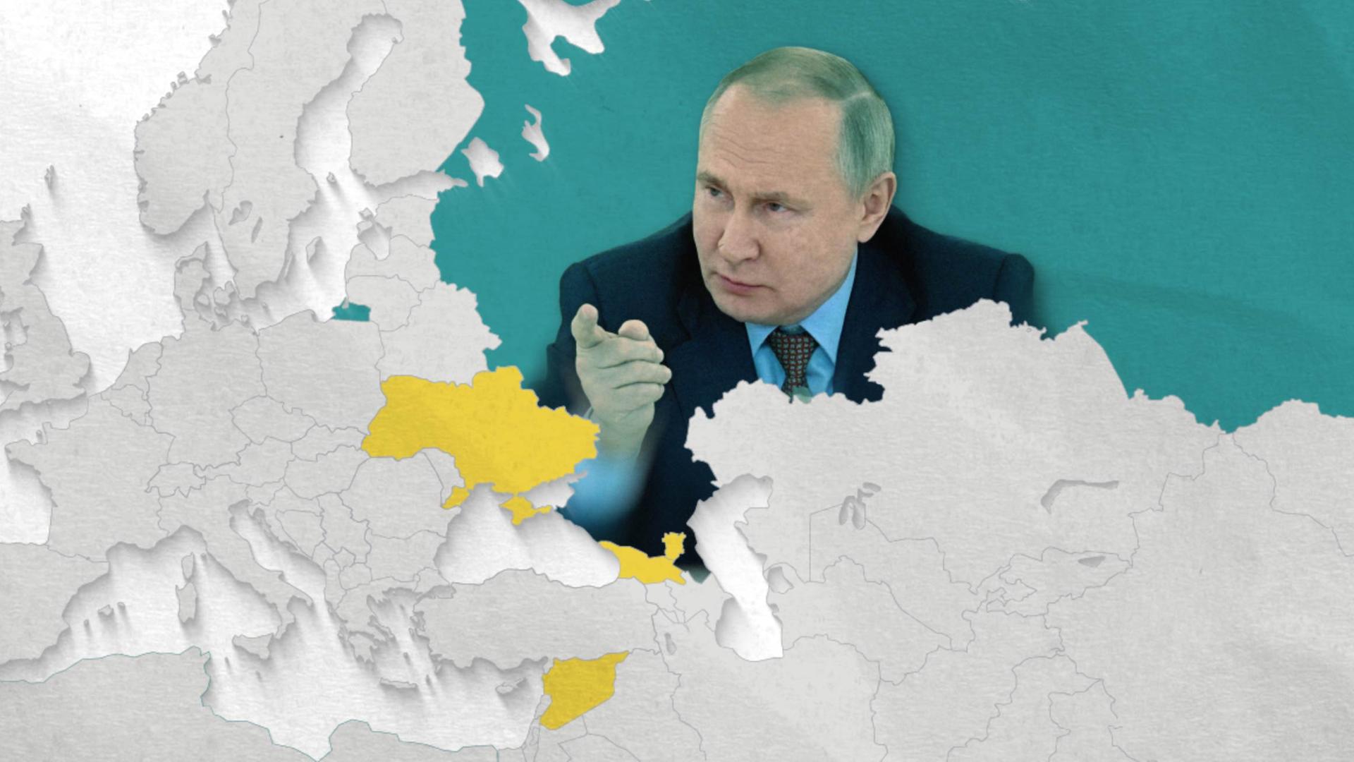 Putin on the map with Russia, Ukraine, Georgia and Syria