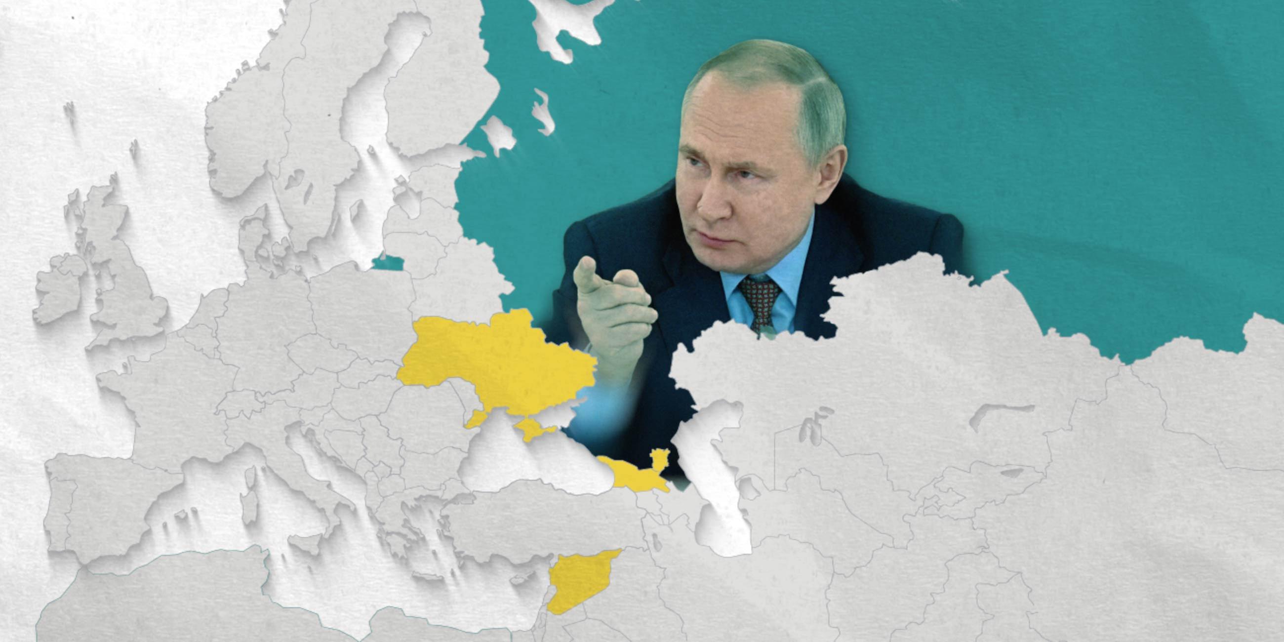 Putin auf Landkarte mit Russland, Ukraine, Georgien und Syrien