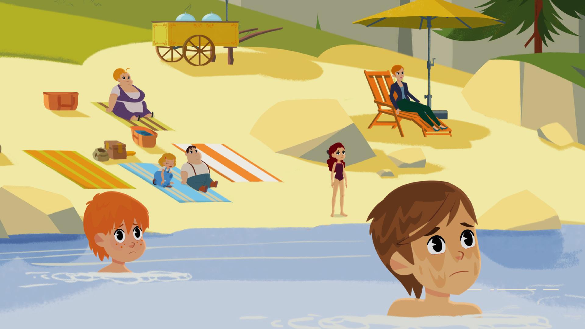 Die Dorfbewohner genießen ihre Zeit am Strand. Zwei Jungen im Wasser blicken erschrocken auf etwas Herannahendes.