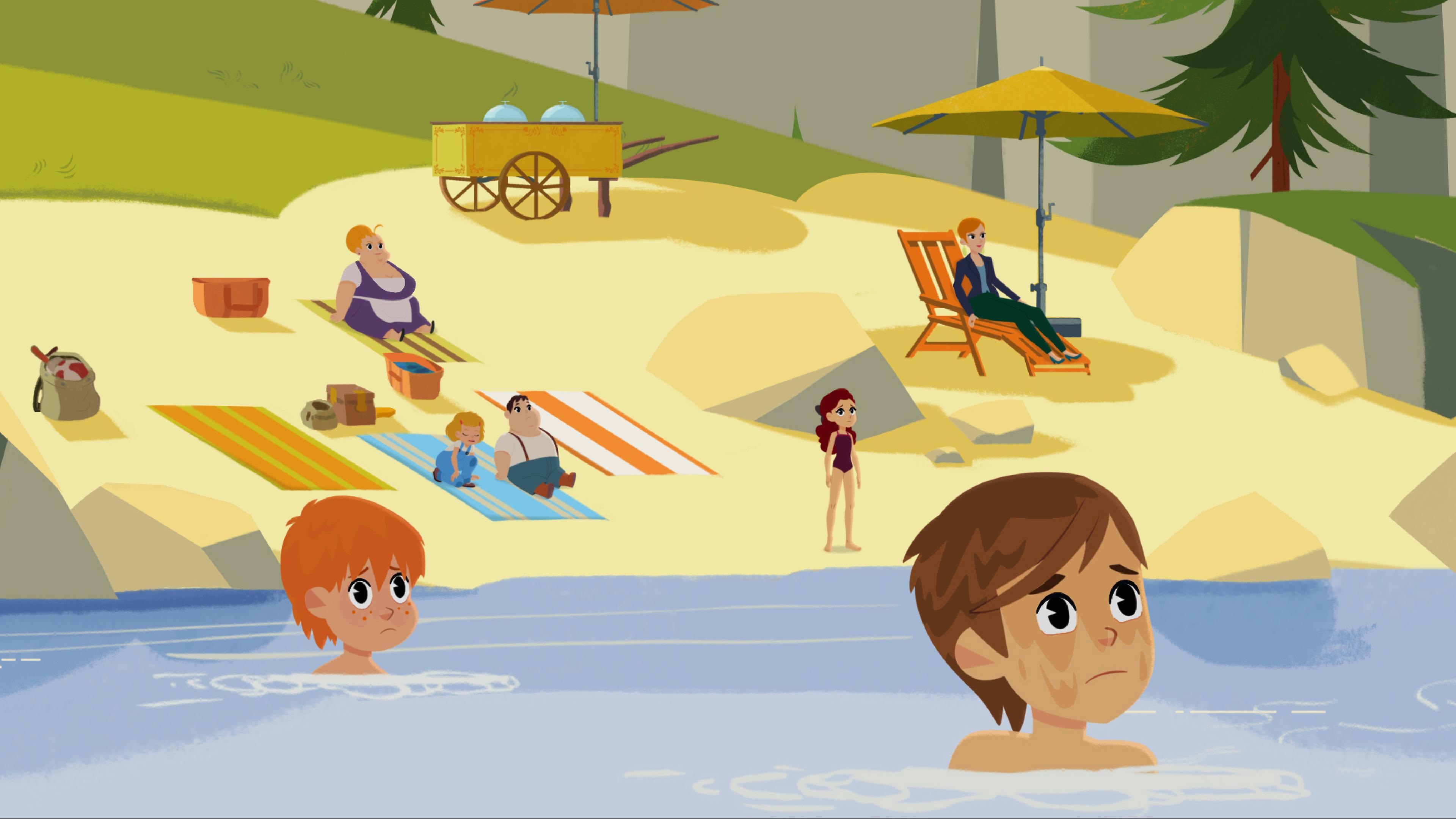 Die Dorfbewohner genießen ihre Zeit am Strand. Zwei Jungen im Wasser blicken erschrocken auf etwas Herannahendes.