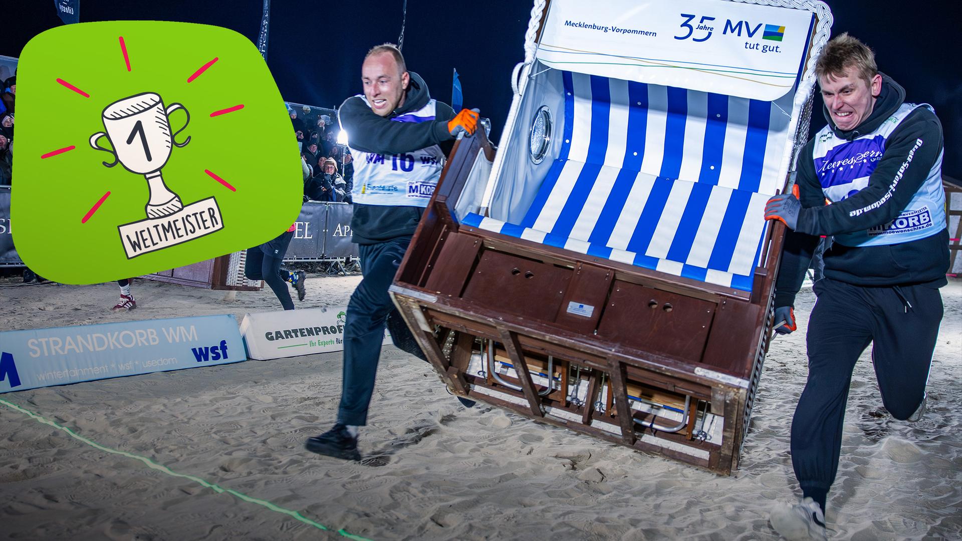 Zielleinlauf Strandkorb-WM - daneben Grafik "Weltmeisterpokal"