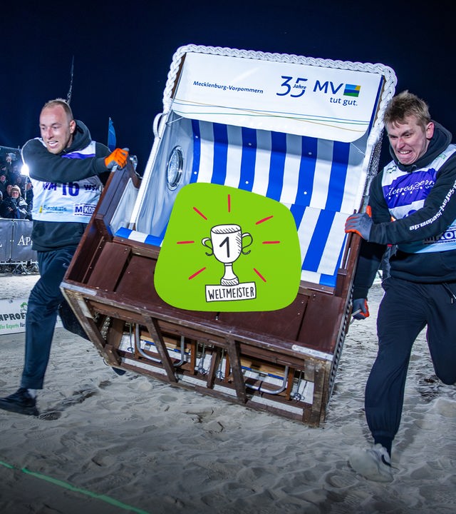 Zielleinlauf Strandkorb-WM - daneben Grafik "Weltmeisterpokal"