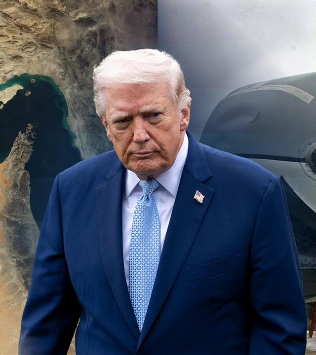 In der Mitte und im Vordergrund ist Donald Trump. Links hinter ihm ist ein Satellitenbild der Straße von Hormus und rechts hinter ihm ist ein Bild des amerikanischen A-10 Kampfjet, der aussieht wie ein großer Cartoon-Haifisch. 